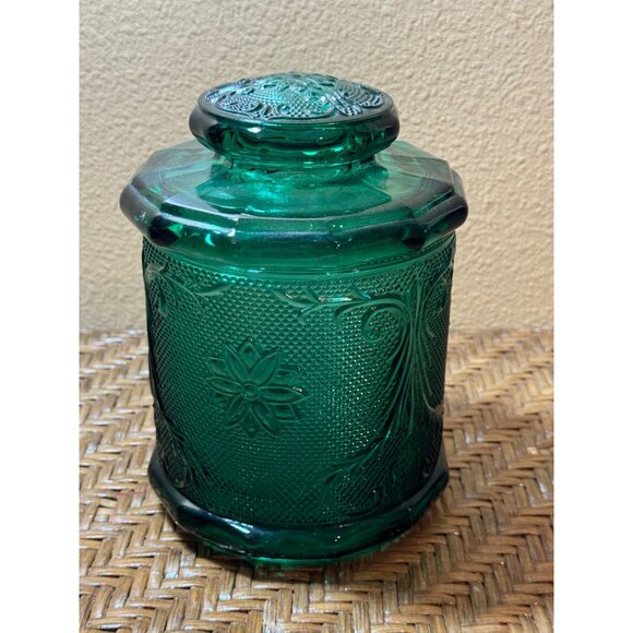 Vintage Tiara Indiana Glass Green Spruce Canister with Lid 7.5" Tall - Picture 1 of 8